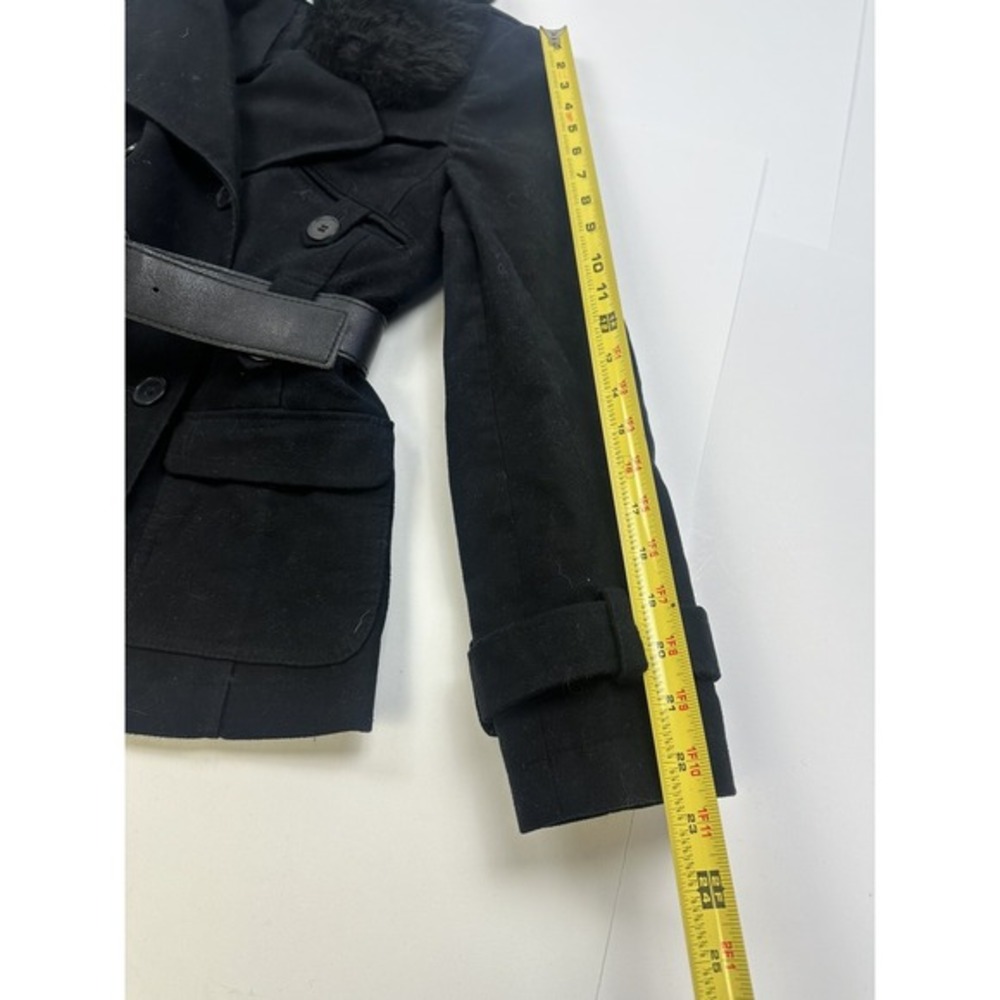 Ann Taylor Petite‎ Double Breasted Pea Coat Womens 0P Black Faux Fur Belted - Picture 4 of 6